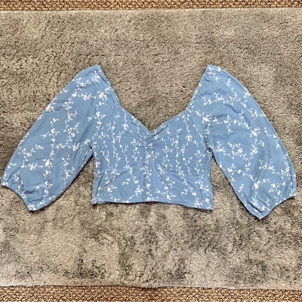 NWOT PacSun Lottie Moss Peasant Sleeve Floral Shirred Crop Top